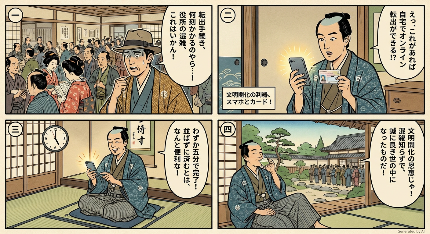 オンライン転出手続きの四コマ漫画